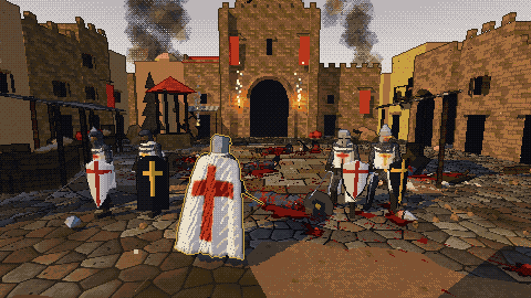 Over the shoulder of a crusader in a street of Antioch; brothers with kite shields stand either side, the dead between them and the gate.