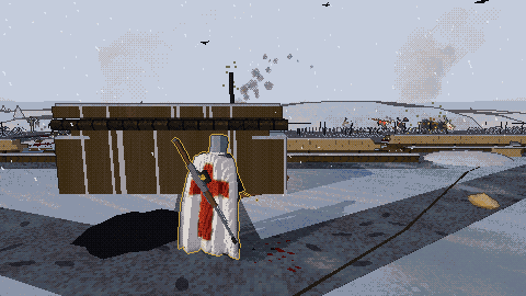 A crusader with a rifle on his back on a snowbound hill; the enemy comes along the far ridge.
