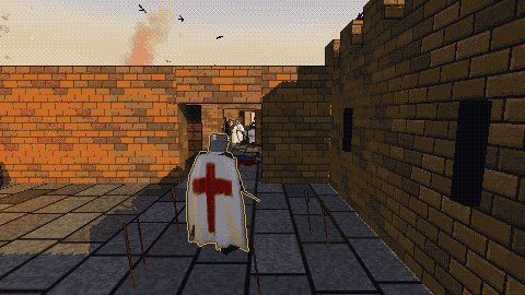 A crusader in third person on the walls of Jerusalem at dusk.