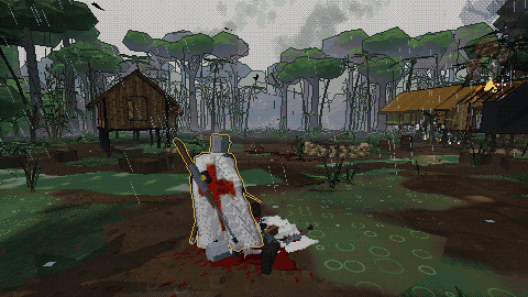 A crusader with a rifle in a jungle village, a fallen man at his feet.