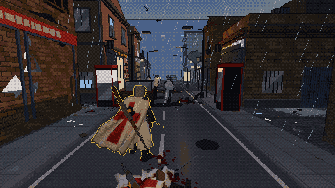 A crusader with a gun across his back in a London street in the rain.