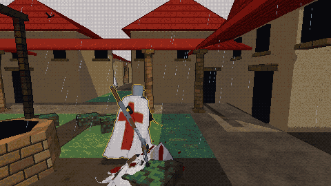 A crusader in the yard of the House at Lubień, under red roofs.