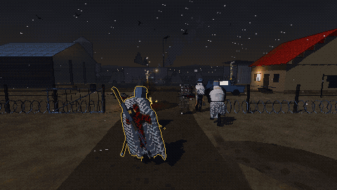 A crusader at the wire outside a farmstead, brothers beside him.