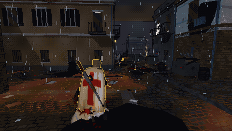 A crusader in a rain-soaked Paris street at night.