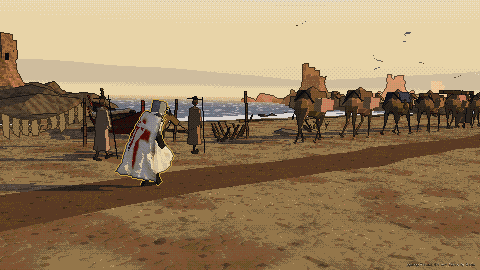 A knight walks the coast road at dusk past a camel caravan and men at their tents.