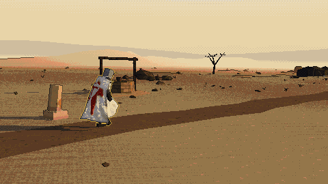 A knight in a great helm and a white surcoat with a red cross walks a desert road at dusk.