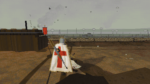 A crusader with a belt-fed gun across his back stands in a trench line under smoke; a red banner flies beside him.